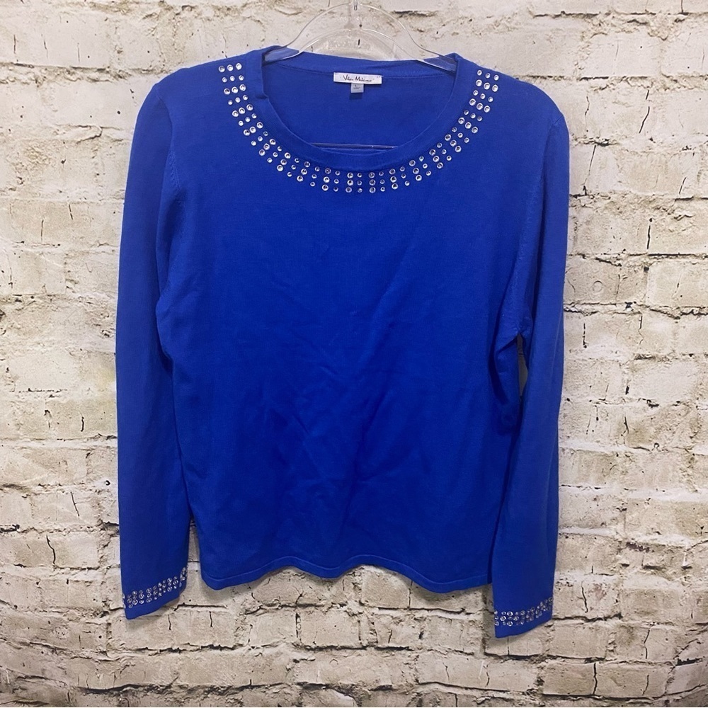 Vila Milano Blue Jeweled Long Sleeve Knit Soft Wool Blend Top